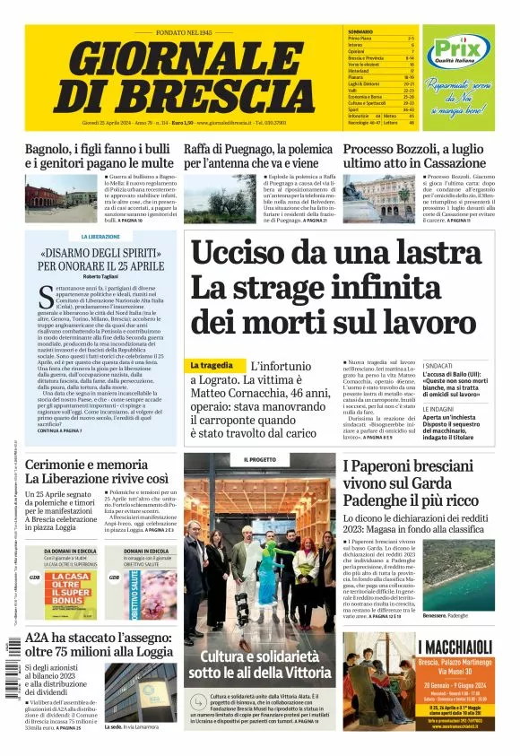 Prima-pagina-giornale di brescia-oggi-edizione-del-2024-04-25